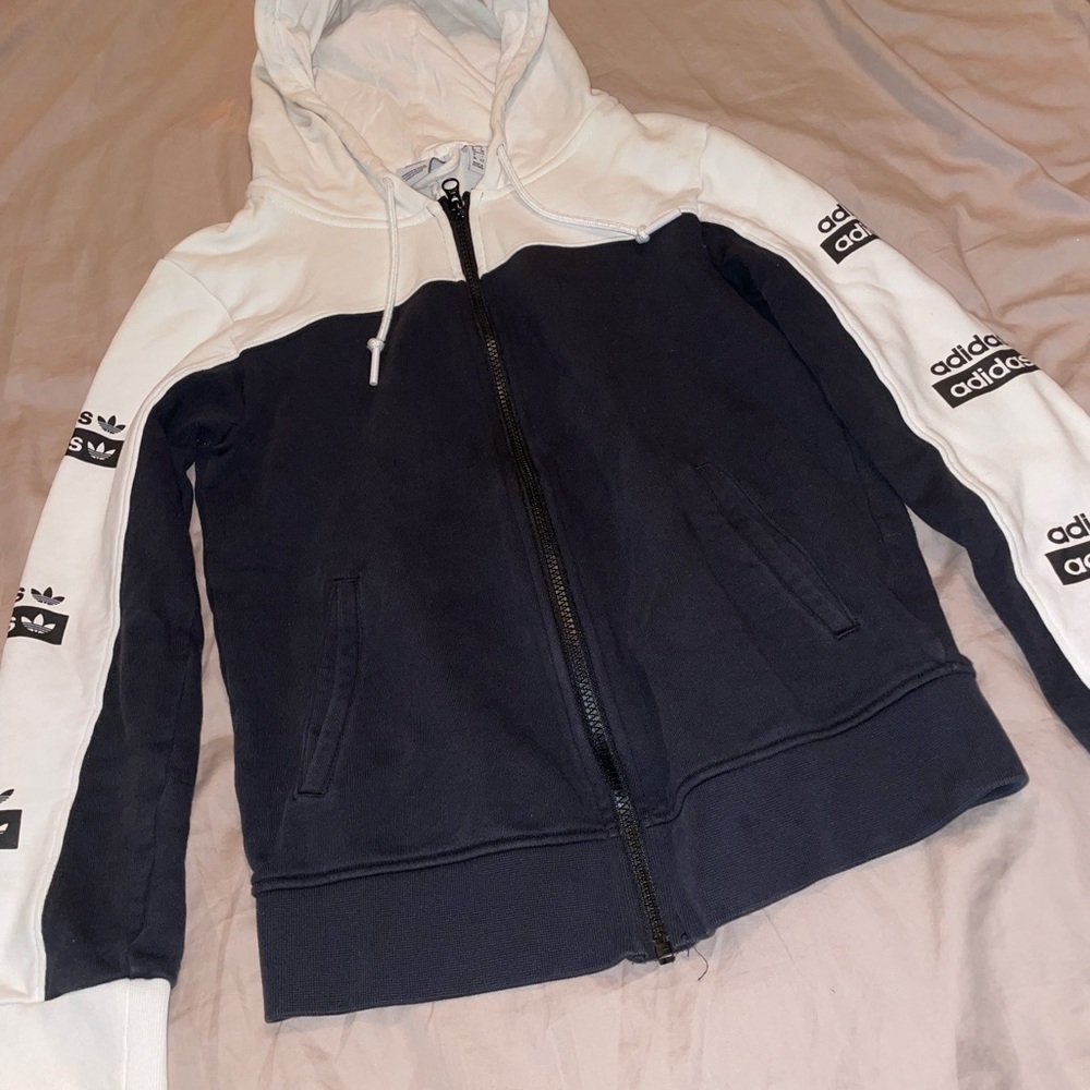 Woman’s Small Adidas Cotton Zip-Up Hoodie Black/White